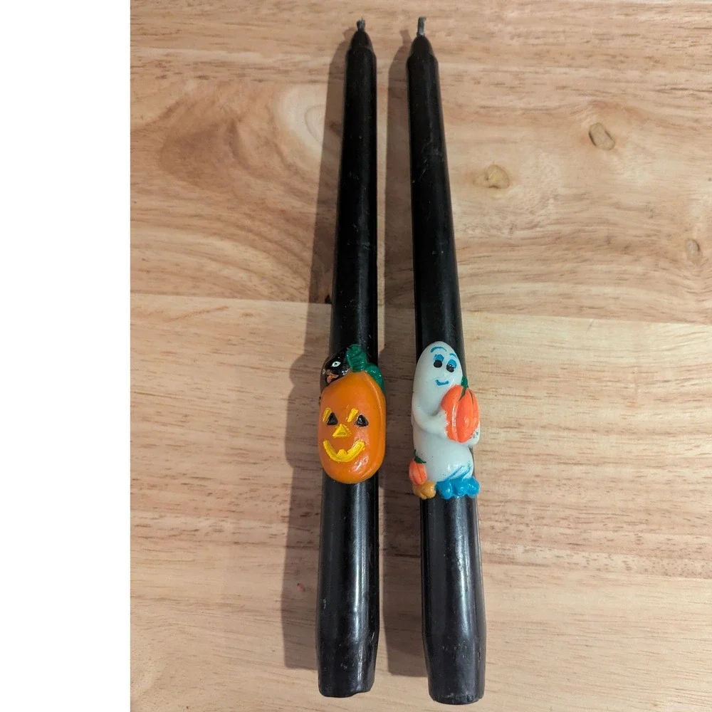 Vintage Halloween Black Taper Candles Jack-O-Lantern Ghost Wax Decal Set of 2